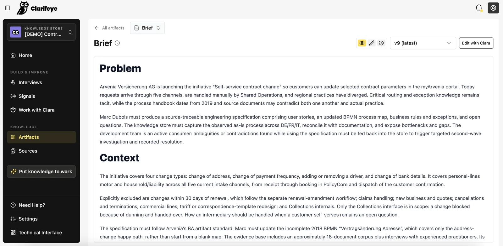 Brief artifact: the problem and the context of a self-service contract change initiative, and the specification the project must produce