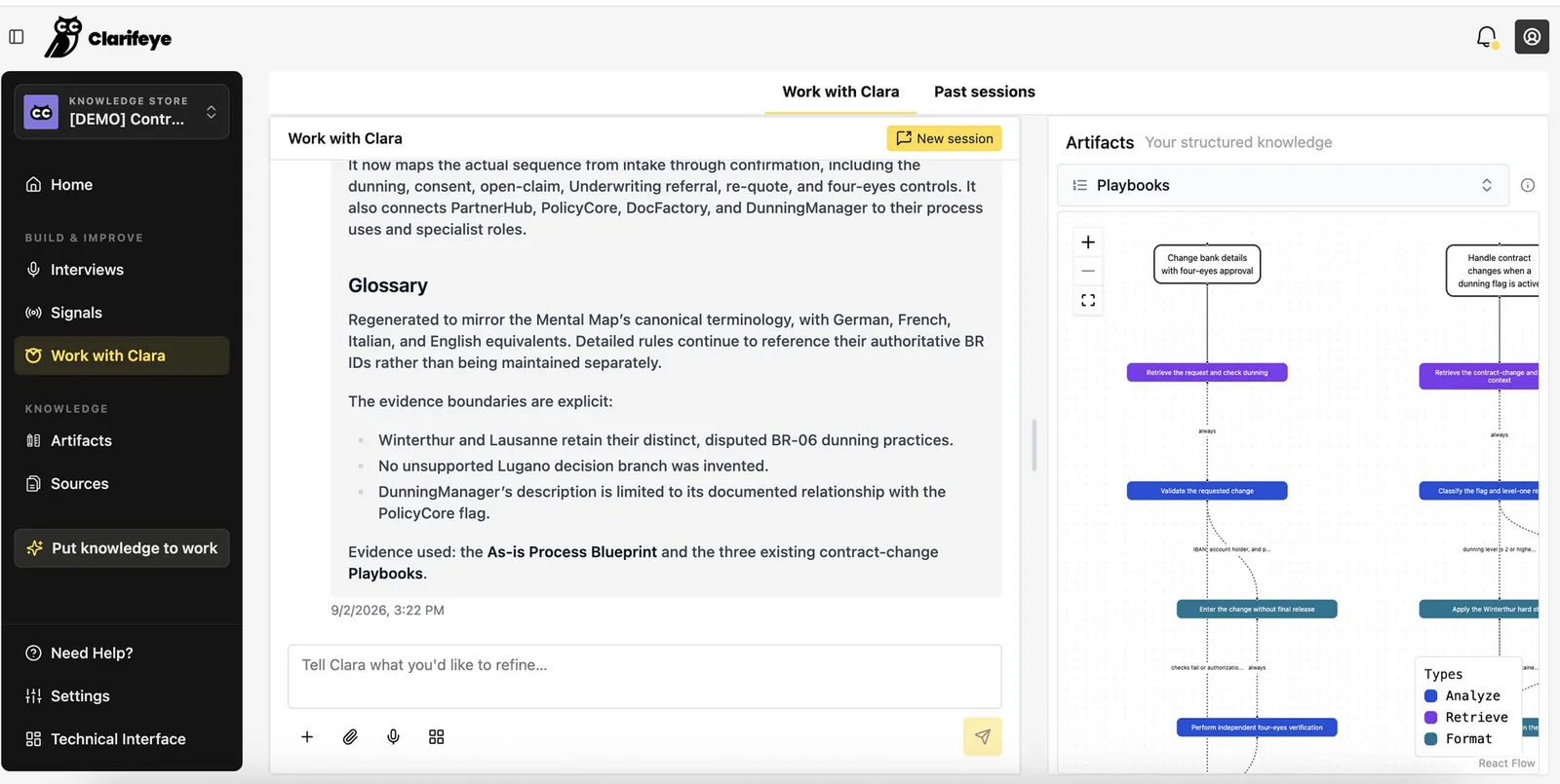 Work with Clara alongside the Playbooks artifact, showing the evidence used for each change