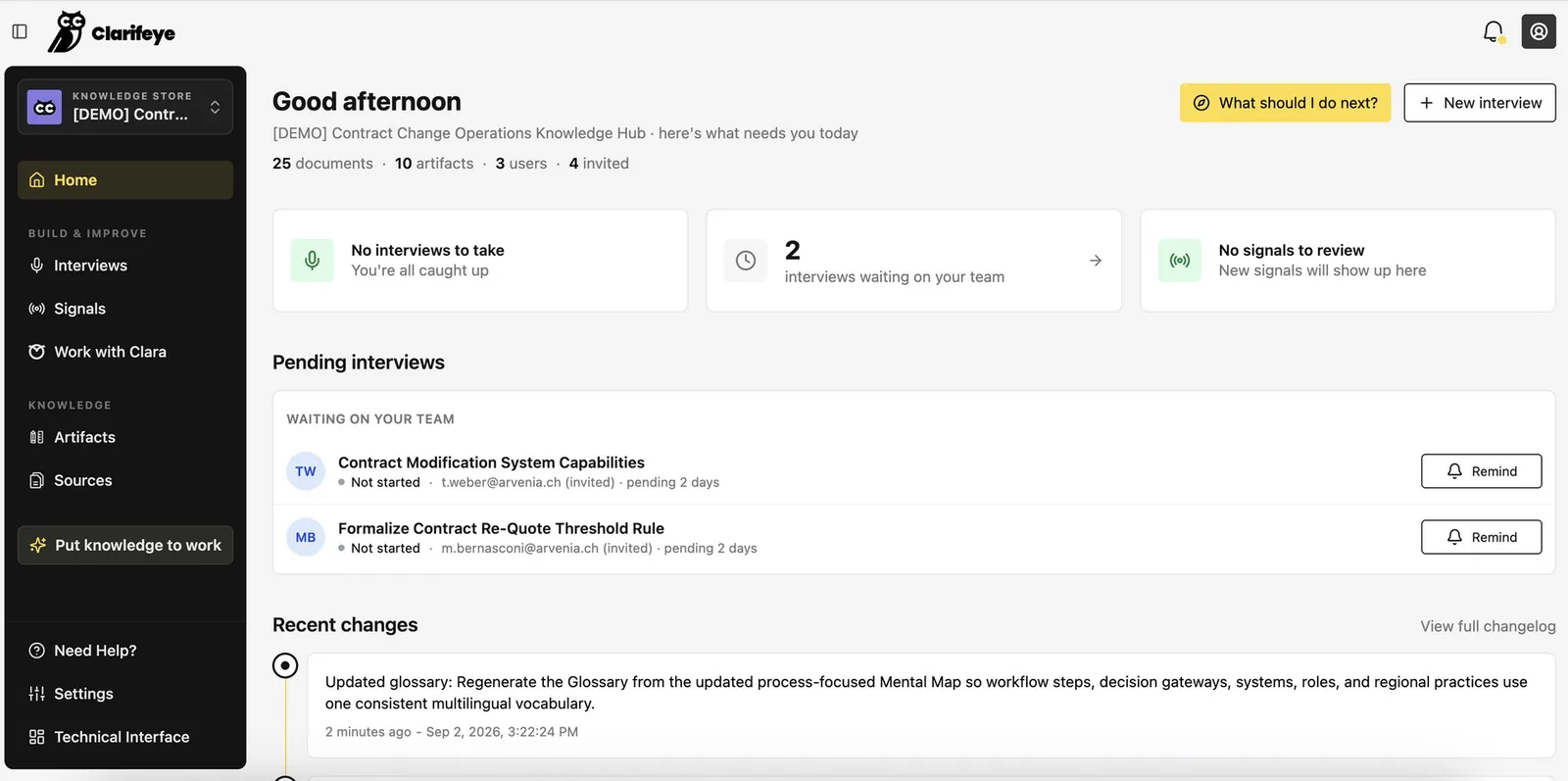 Clarifeye Home for a knowledge store: what needs you today, pending interviews and recent changes