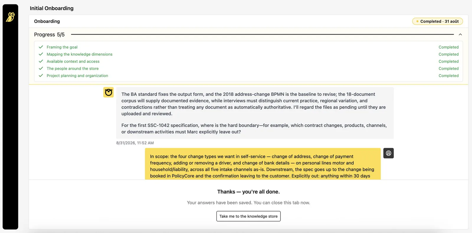 A Clara interview in progress, with the onboarding steps completed and the answer recorded