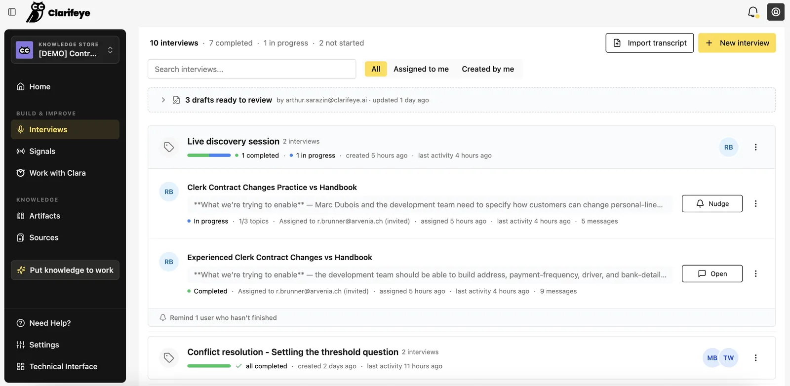 The interviews dashboard: ten interviews with their status, drafts ready to review, campaigns grouped by topic, and a one-click reminder for whoever has not finished