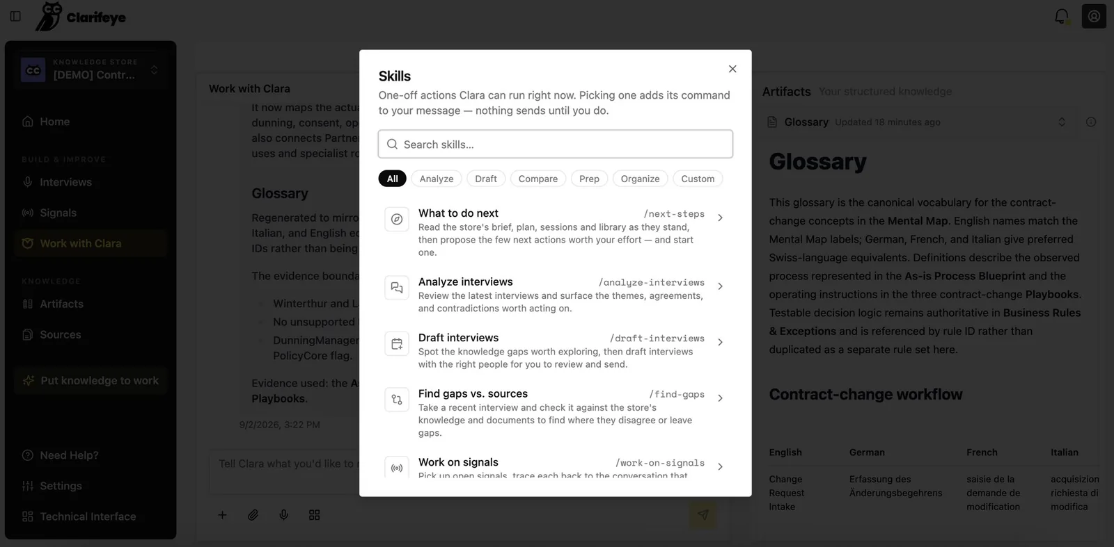 The Skills picker in Work with Clara: one-off actions Clara can run