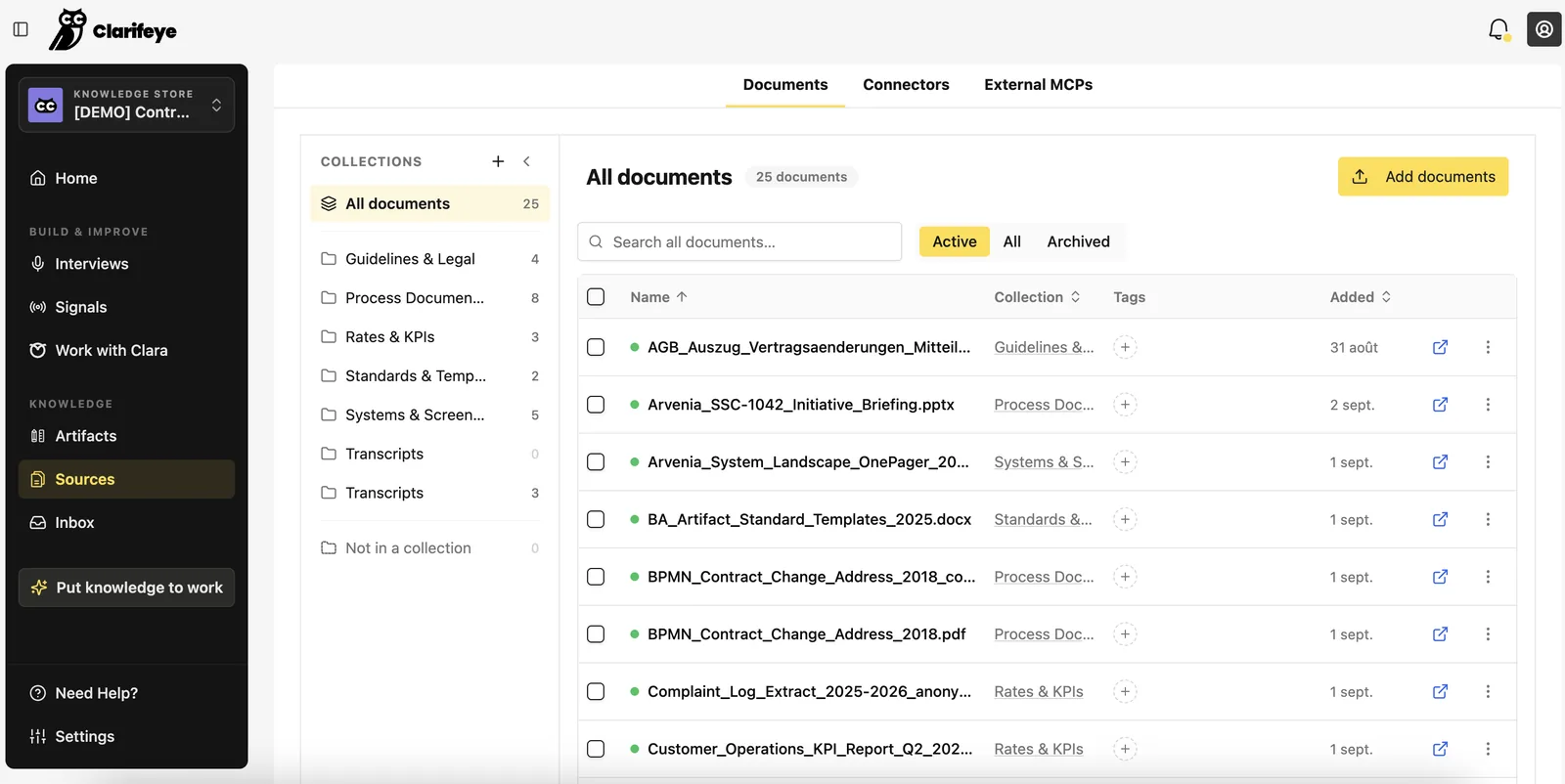 Clarifeye Sources: documents organised in collections, with connectors and external MCPs